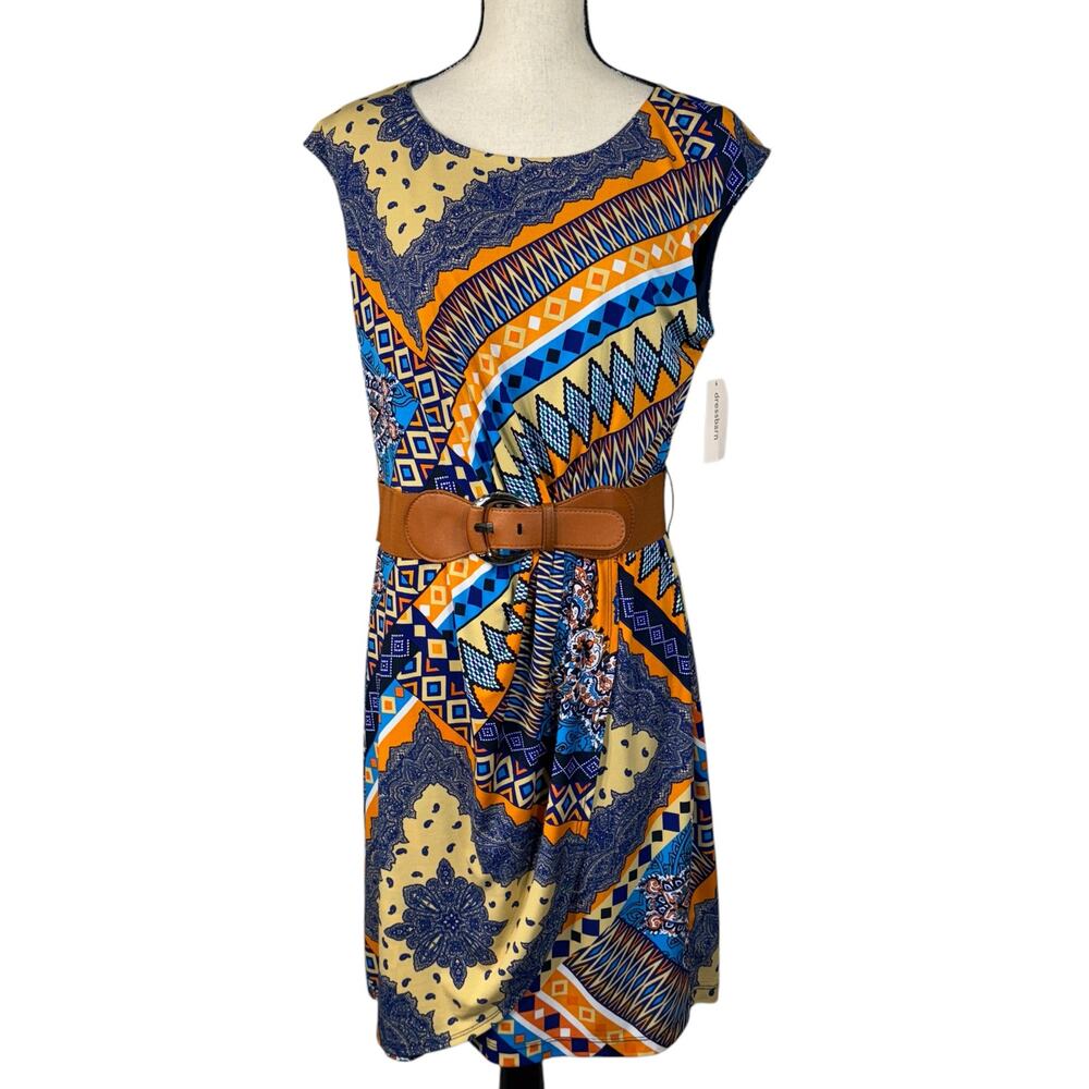 Dressbarn SZ 14 Dress Geometric Stretch Sleeveless Belted Zip Lined Knee Length